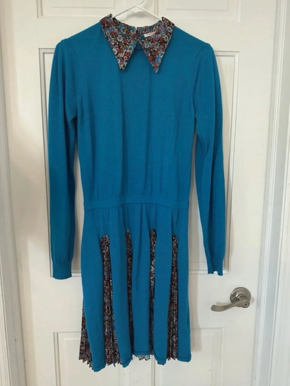 Teal Long-Sleeve Fit & Flare Dress with Floral Trim